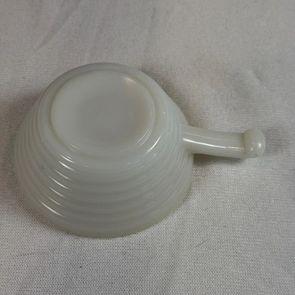 Fire-King Milk Glass Ribbed Chili Bowl with Handle White Vintage USA Made 5in
